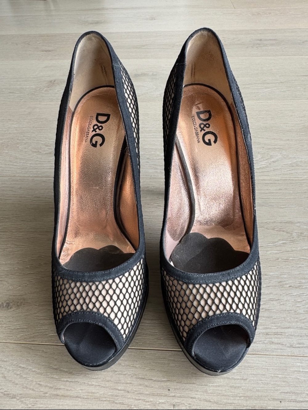 D&G Black Mesh Peep-Toe Heels with Rose Gold Insole